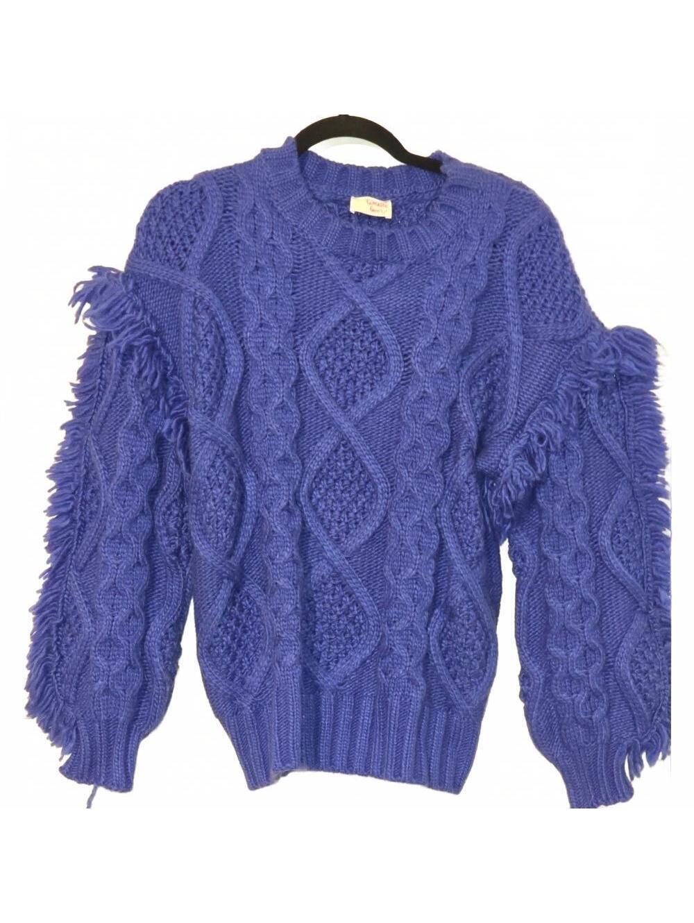 Fantastic Fawn Chunky Fringe Cable Knit Sweater | Royal Blue | Size Small NWOT